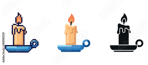 Pixel, flat, and silhouette candle designs on blue holders
