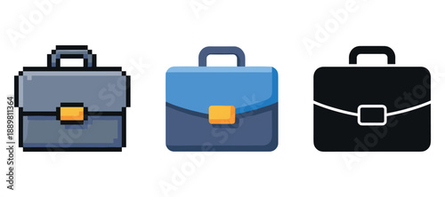 Set of three briefcase icons: pixel, modern, minimalist styles