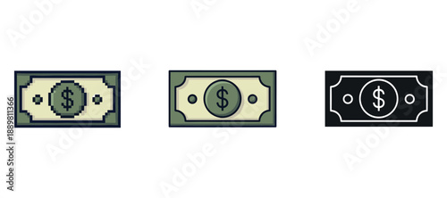 Pixel art currency icons: three styles of dollar bill illustrations