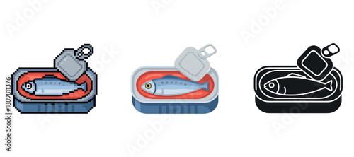 Sardine can variations: pixel art, realistic, and outline styles