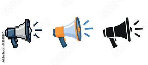 Retro pixel, modern colorful, and minimalist megaphone icons side by side