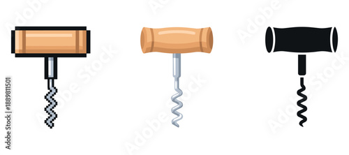 Set of three corkscrews: pixel art, realistic, and silhouette designs
