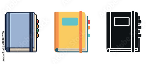 Set of three colorful journal notebooks with tabs and straps