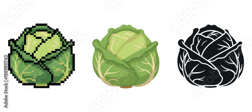 Artistic cabbage designs in pixel, cartoon, and silhouette styles