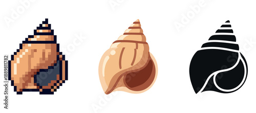 Pixelated, cartoon, and silhouette sea shells: a trio of nautical art styles