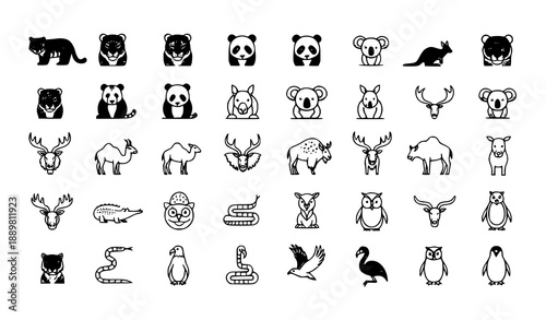 Wild animal monoline icons vector collection with editable stroke flat design