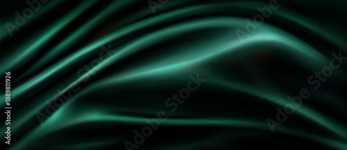 Green silk fabric texture with smooth waves. Vector realistic illustration of luxury satin cloth, abstract curtain drapery background, emerald green premium material with silky gradient, draped flag