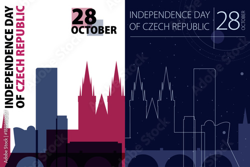 Czech Republic Independence Day poster pack. Vector illustrations with Prague city skyline and landmarks shape for holiday card, print, event, brochure. Modern template