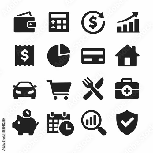 Financial and business icons set – wallet, calculator, growth, pie chart, credit card