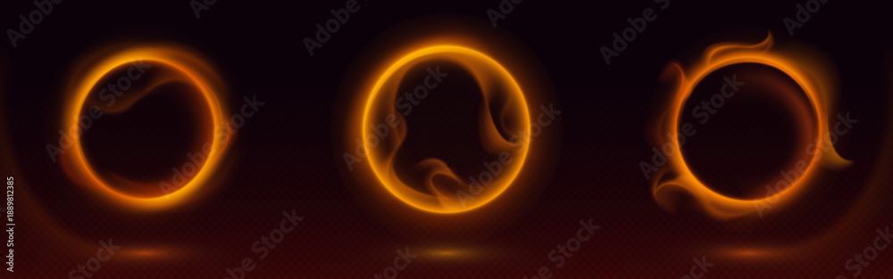 Obraz premium Abstract fire rings glowing on black background with smoke or haze. Vector realistic illustration of round frames with burning flame effect, hot circles shimmering in darkness, magic portal