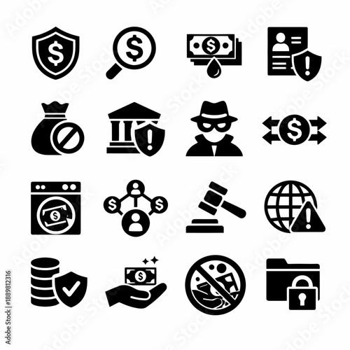 Financial crime icons collection: money laundering, fraud, and cybersecurity