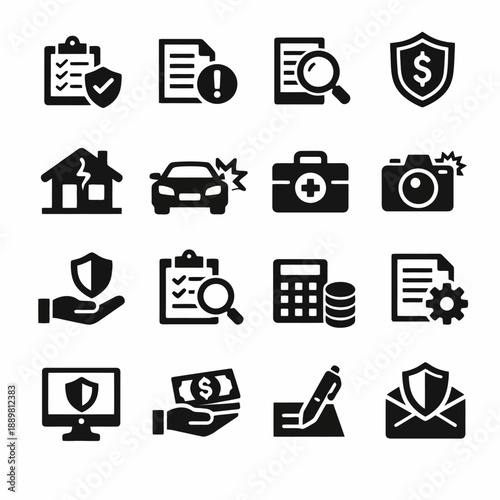 Insurance and business symbols: icons representing safety, finance, and documents