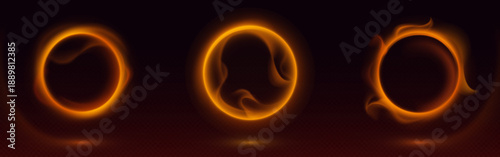 Abstract fire rings glowing on black background with smoke or haze. Vector realistic illustration of round frames with burning flame effect, hot circles shimmering in darkness, magic portal