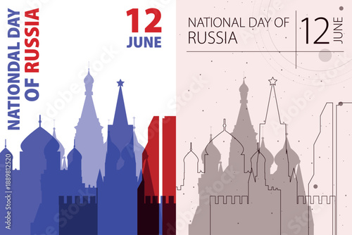 Russia National Day poster pack. Vector illustrations with Moscow city skyline and landmarks shape for holiday card, print, event, brochure. Modern template