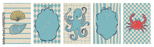 Hand drawn whimsical lace frame inspired by Italian picnic and beach life. Seafood themed border for summer menu, food poster, kitchen print and Amalfi Coast art.