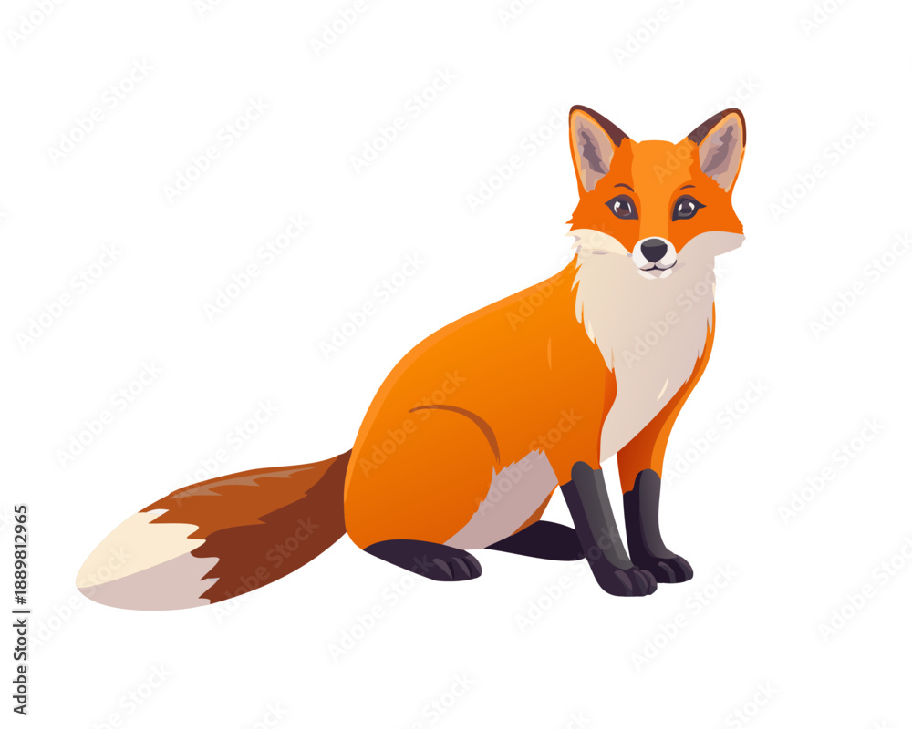 Fototapeta premium A cute cartoon vector illustration of a funny red fox Vulpes character with orange fur and a bushy tail, isolated on white as a wild nature mammal art design