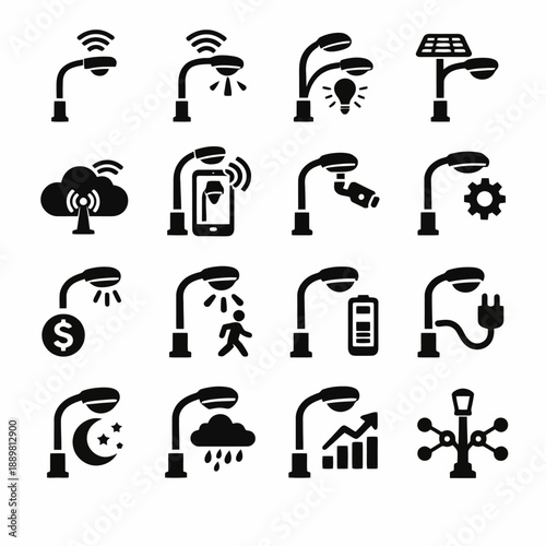 Smart streetlight icon set: energy, connectivity, and weather monitoring features