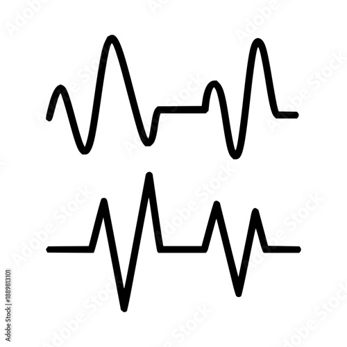Vector line art depicting rhythmic signals, such as heartbeats, sound waves, or electronic pulses, for medical monitoring, audio visualization, and scientific data