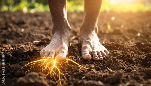 Bare feet of a person standing firmly on rich, dark, moist soil, close-up macro of human connection to nature, concept of grounding, wellness, earthing, fertility and growth, natural textures with sof