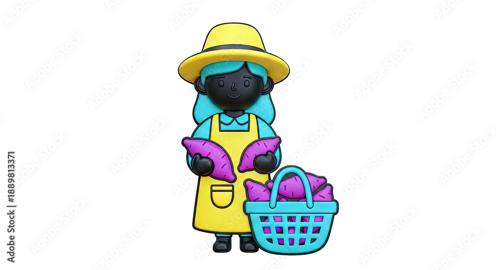 Obraz premium 3D Cartoon Farmer with Sweet Potatoes and Basket