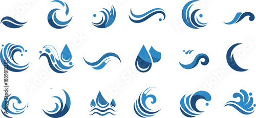 Set of water wave and splash icons, drop and swirl, liquid vector elements