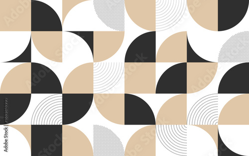 Scandinavian Bauhaus Geometric Abstract Seamless Pattern Circles Squares Black Beige White Vector Texture