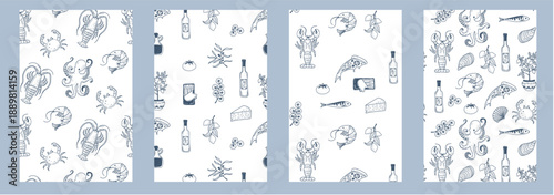 Hand drawn seamless pattern set featuring lemons, olive branches, seafood and Italian coastal cuisine in a fresh summer style.