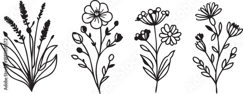 Floral vector bundle: botanical line art flowers and leaves for design eps silhouette