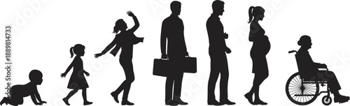 Diverse Silhouette Collection of Human Life Cycle Stages Family Bonding Moments Professional Profile Avatars and People Shopping or Socializing Isolated on White for Creative Graphic Designs