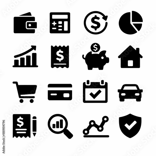 Financial icons collection: wallet, calculator, and more for budgeting and investment