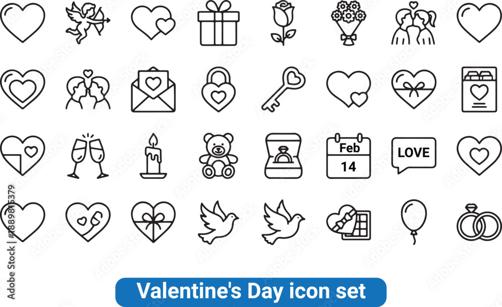 Fototapeta premium Valentine's Day Love and Romance Line Icons Set. Vector illustration