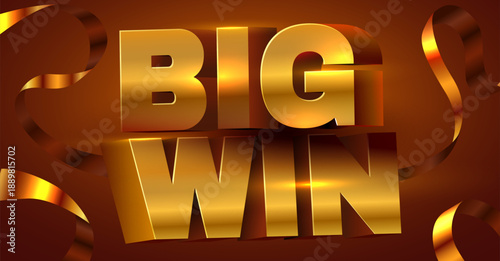 Big Win golden 3D text with luxury ribbons, perfect for casino, game, success, or celebration designs. Vector illustration