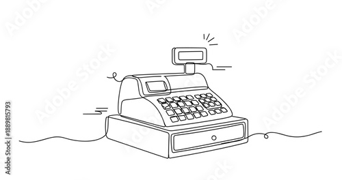 Line art of vintage cash register with digital display in minimalist style. Non editable stroke