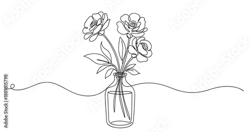 Continuous line drawing of flowers in a vase. Non editable stroke