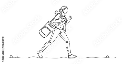 Female jogger in motion: continuous line art of young woman running with bag. Non editable stroke