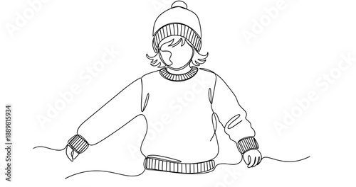 Child in winter attire with knit hat and sweater outline art. Non editable stroke