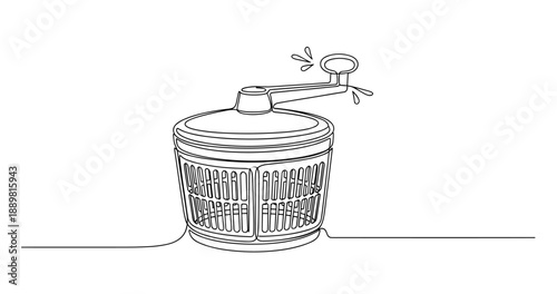 Hand-drawn line art of a manual salad spinner with handle in simple style. Non editable stroke