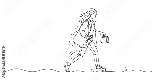 Line art of young caucasian female walking with bags. Non editable stroke