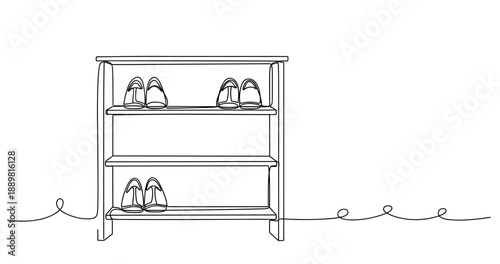 Minimalist shoe rack line art with footwear collection on shelves. Non editable stroke
