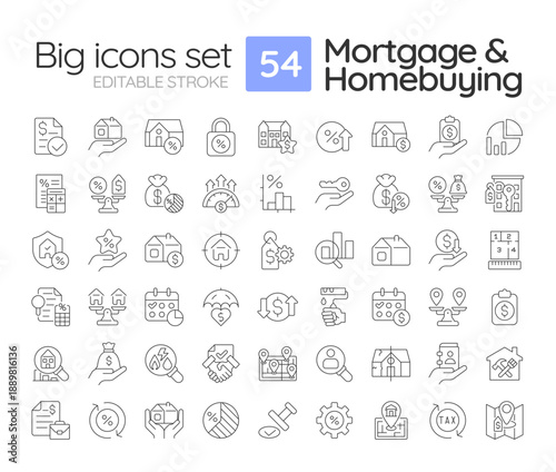 Mortgage and homebuying line icons set. Real estate, property management. Financial investment, data analysis. Isolated vector outline illustrations. Thin lineart iconset symbols. Editable stroke