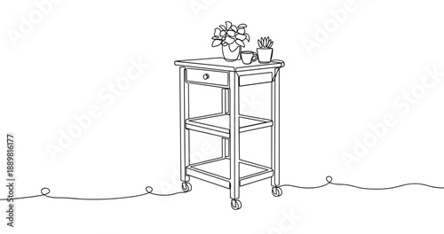 Minimalist rolling cart with plants and drawer on wheels. Non editable stroke