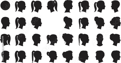 Large collection of diverse male and female head profile silhouettes with various hairstyles and haircuts isolated on white background for identity beauty and salon concepts.