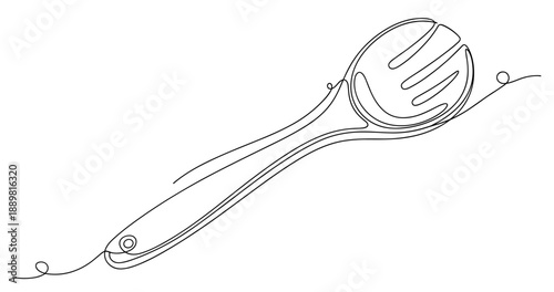 Continuous line drawing of a slotted kitchen spoon. Non editable stroke
