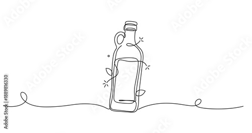 Minimalist continuous line drawing of a glass bottle with leaf accents. Non editable stroke