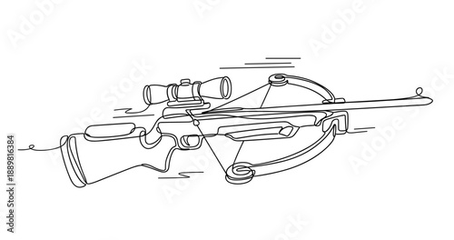 One-line art of a modern crossbow with scope in minimalist style. Non editable stroke