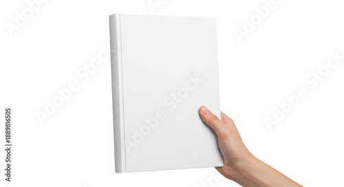 Hand holding a blank white hardcover book for mockup. Isolated on transparent background, png
