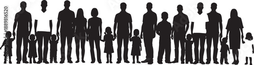 Large diverse collection of community member silhouettes including men women children and toddlers standing together isolated on white background for social unity and family.