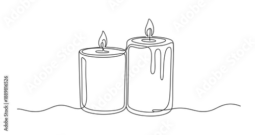 Continuous line art of two burning candles with melting wax drips. Non editable stroke