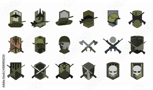 Modern military stripe and emblem logo set with aircraft tank missile and skull insignia vector illustration