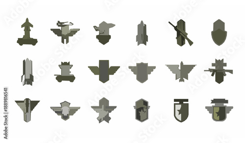 Minimal military insignia and stripe emblem vector logos with tanks aircraft and skull symbols